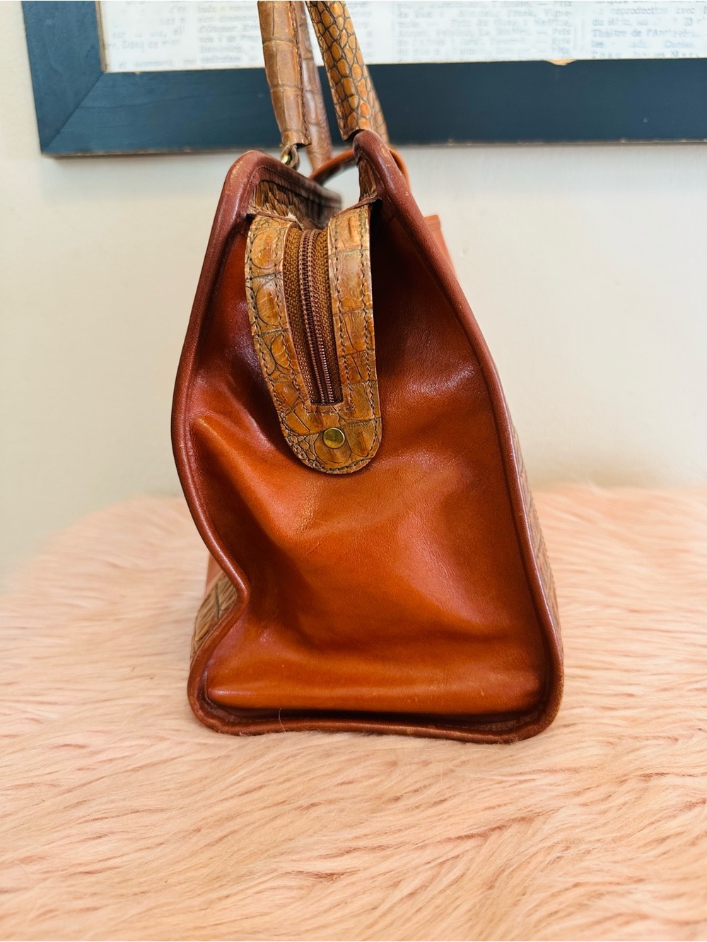 Vintage Brahmin Two-Tone Burnt Orange and Cognac Croc-Trim Satchel - Picture 6 of 16
